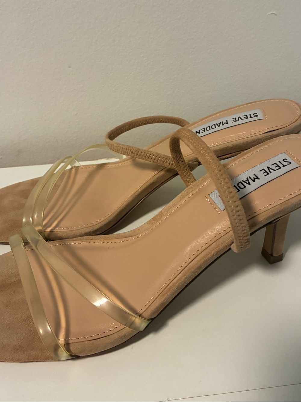 Steve Madden Beige/Nude Clear-Strap Mid-Heel Sandals
